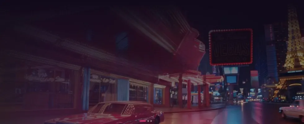 Vegasnow Casino welcome bonus banner with retro neon lights and golden coins