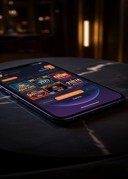 Vegasnow Casino retro neon sign glowing over a vibrant casino lobby filled with slot machines and gaming tables